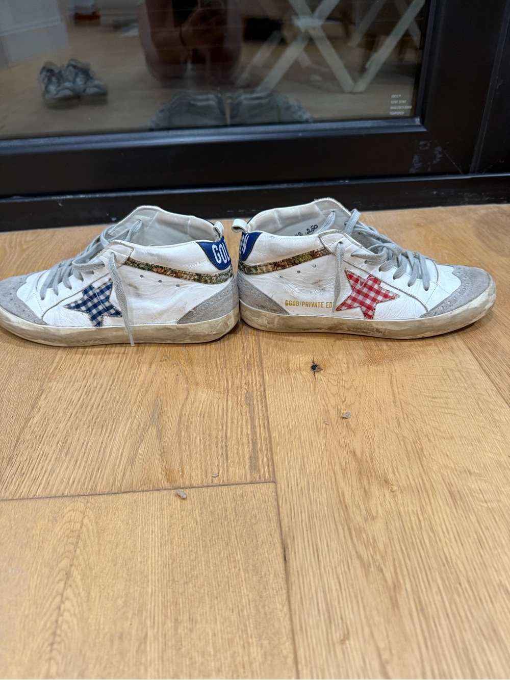 Golden Goose White and Gray Mid-Top Sneakers with Red and Blue Gingham Star - Picture 2 of 5